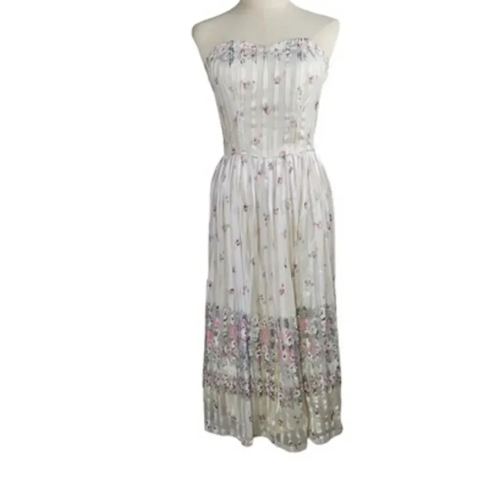 Vintage 50s Strapless Fit & Flare Chiffon Stripe Midi Dress S? 4? Ivory Pink - Picture 1 of 12